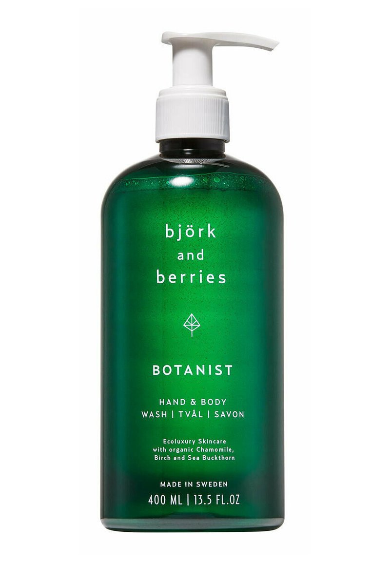 Grüne Pumpflasche mit Hand- und Duschgel in glänzender Optik. Das Etikett zeigt weißen Text und ein Blatt-Graphic. 400 ml Inhalt, hergestellt in Schweden.