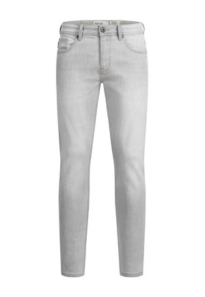 Jeans de mezclilla de color gris claro, con un corte ajustado, diseño de cinco bolsillos y costuras visibles. Cierre de botón y detalle de cremallera.