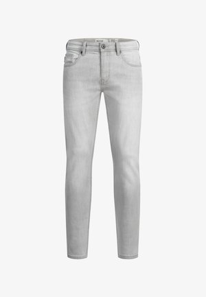 Vaaleanharmaat farkut, jotka on valmistettu denimistä, slim fit -mallilla, viidellä taskulla ja näkyvällä ompelulla. Napitettava suljenta ja vetoketjuhäntä.