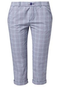 Housut, joissa on tarkistettu kuvio navy ja valkoisena, sisältävät violetin napin, sivutaskut ja käännetyt hihansuut, jotka luovat siistin ilmeen.