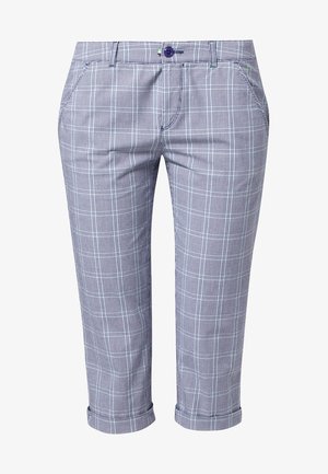 Checked cropped pants in navy and white, featuring a purple button, side pockets, and turned-up cuffs for a tailored look.