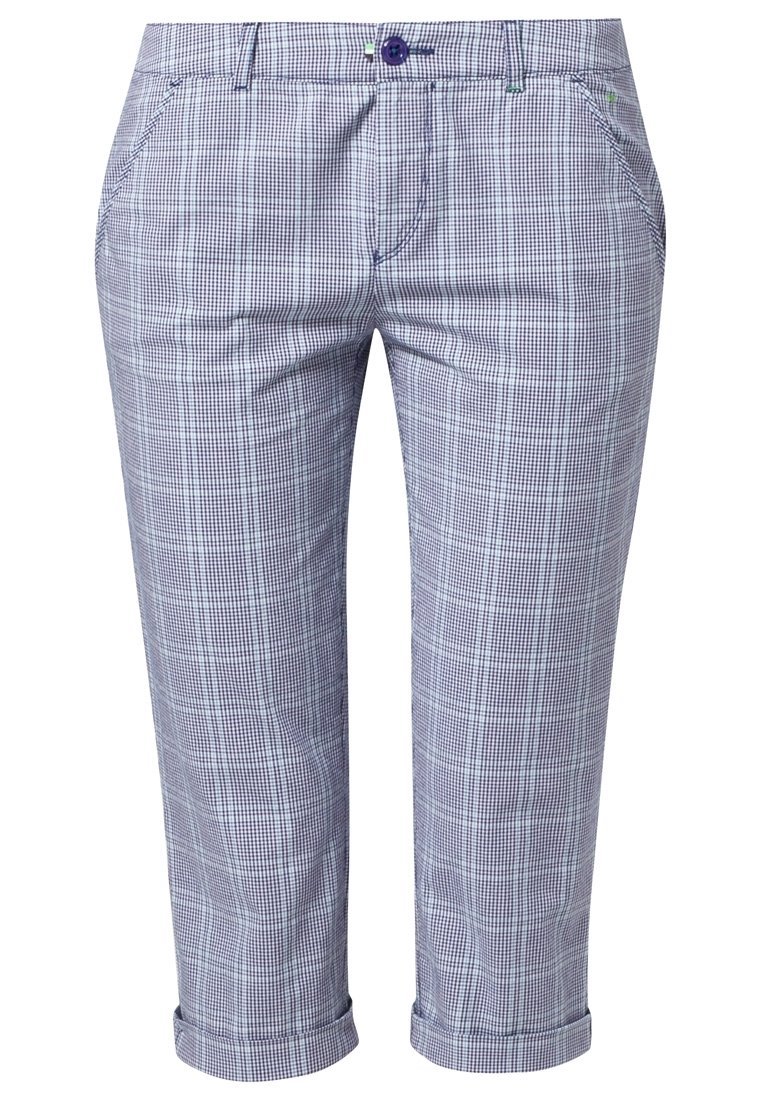 Housut, joissa on tarkistettu kuvio navy ja valkoisena, sisältävät violetin napin, sivutaskut ja käännetyt hihansuut, jotka luovat siistin ilmeen.