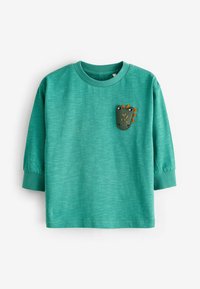Camiseta verde de manga larga para niños pequeños con puños acanalados y un pequeño parche con la cara de un dinosaurio en el pecho izquierdo.