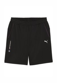 Sorte sportshorts med elastisk talje, der har lilla sideakcenter, et Puma-logo og BMW Motorsport branding på forsiden.