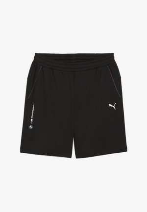 Juodi sportiniai šortai su elastinga juosta, su purpuriniais šonų akcentais, Puma logotipu ir BMW Motorsport ženklinimu priekyje.