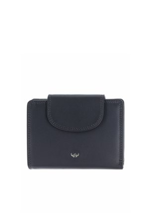 Compact black leather wallet with flap closure and small silver logo centered near the bottom front.
