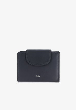 Compact black leather wallet with flap closure and small silver logo centered near the bottom front.