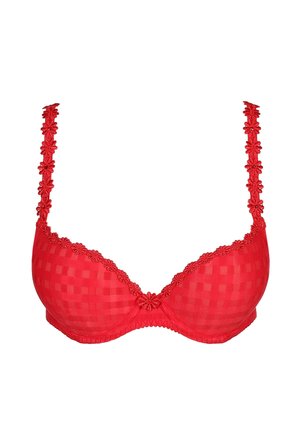 Reggiseno rosso con motivo a quadri, rifinitura in pizzo floreale lungo le coppe e le spalline e un piccolo fiore decorativo al centro davanti.