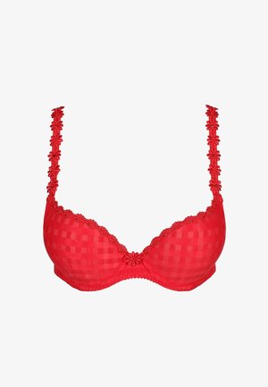 Reggiseno rosso con motivo a quadri, rifinitura in pizzo floreale lungo le coppe e le spalline e un piccolo fiore decorativo al centro davanti.