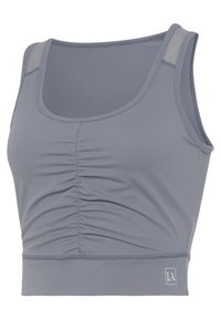 Grijze sportbh met een geplooide voorkant en een cropped lengte. Gemaakt van een gladde stof met een ronde halslijn en brede banden.