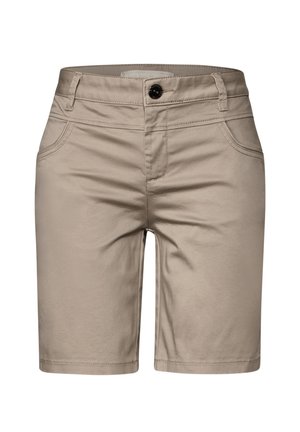 Pantaloni corti in cotone beige con taglio dritto, caratterizzati da una chiusura frontale con bottone, due tasche laterali e una texture liscia.