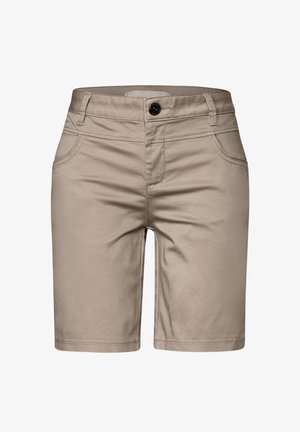 Beige cotton shorts with a straight cut, featuring a front button closure, two side pockets, and smooth texture.