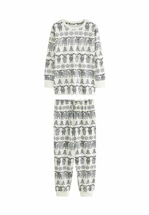 Completo pigiama a due pezzi in tessuto bianco con motivi stampati neri di animali e alberi. Maniche lunghe e vita elastica per il massimo comfort.