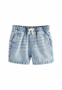 Hellblaue Denim-Shorts mit elastischem Bund, Kordelzug und zwei Fronttaschen. Sie verfügen über eine ausgewaschene Optik und eine genähte Saumkante.