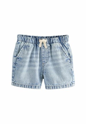 Shorts en denim bleu clair avec une taille élastique, cordon de serrage et deux poches avant. Présentent un délavage et un ourlet cousu.