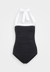 Svart heldraktssvømmedrakt med hvit halterneck og knytning. Har teksturert, samlet stoff for estetisk detalj. Glatt overflate generelt.