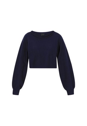 Granatowy, krótki sweter z długimi, delikatnie bufiastego rękawami i szerokim dekoltem. Wykonany z miękkiego materiału dzianinowego z prążkowanymi mankietami.