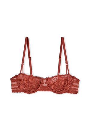 Koronkowy bralet w rdzawym kolorze z fiszbinami, teksturowanym wzorem, regulowanymi ramiączkami i falbaniastym wykończeniem wzdłuż brzegów. Bez wypełnienia.