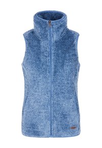 Blaues Fleeceweste mit hohem Kragen, durchgehendem Frontreißverschluss, weicher Textur und Seitentaschen. Verfügt über ein kleines braunes Markenetikett am Saum.