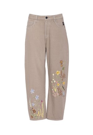 Lichtbruine broek met brede pijpen, kleurrijk geborduurde wilde bloemen op beide pijpen, voorzakken en een knoopsluiting in de taille.