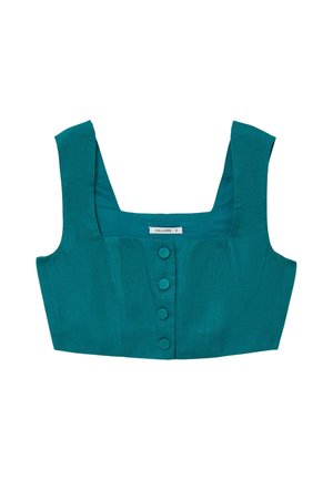 Top corto teal in tessuto testurizzato con scollatura quadrata e cinque bottoni rotondi sul davanti. Spalline ampie e strutturate.