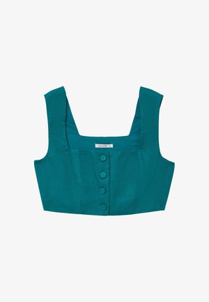 Top court en teal en tissu texturé, avec un décolleté carré et cinq boutons ronds sur le devant. Bretelles larges et structurées.