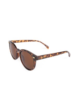 Schildpatt-Sonnenbrille in Katzenaugenform, braune Linsen und goldene Akzente an den Bügeln. Leichter Kunststoffrahmen mit glänzender Oberfläche.