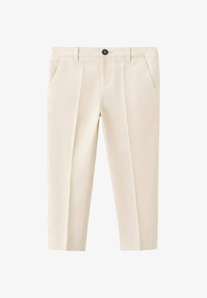 Pantaloni croiți de culoarea cremei, cu pliuri frontale, buzunare laterale, șlițe pentru curea și închidere cu nasture negru în talie.