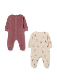 Dos peleles para bebé: uno en suave tejido color malva y el otro en crema con un patrón de ositos repetido. Ambos tienen mangas largas y piernas con pies.