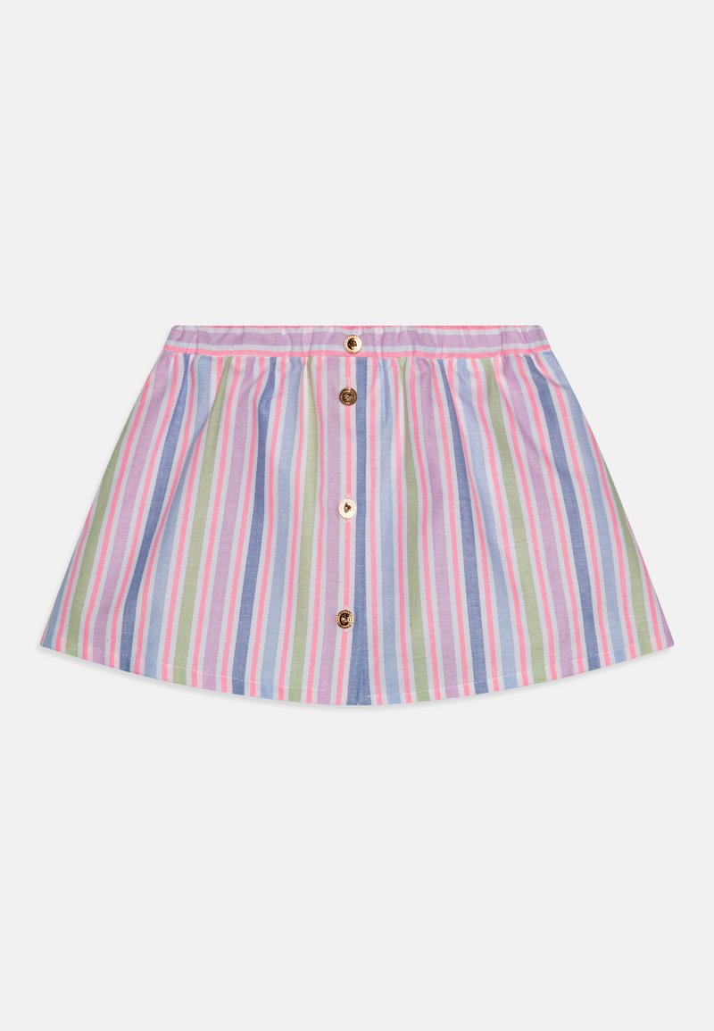 Randig kjol i pastellfärger (rosa, grön, blå) med ett samlat mönster och fem dekorativa guldknappar framtill. Materialet är bomull.