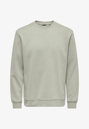 Svetlozeleni pulover iz mešanice mehkega bombaža, z okroglim izrezom, rebrastimi manžetami in robom. Preprost, brez okraskov.