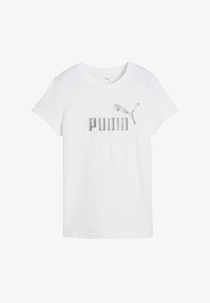 Hvid bomulds T-shirt med et sølv skærmtrykt "PUMA" logo og en springende puma silhuet over brystet. Korte ærmer, rund hals.