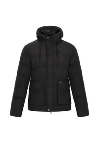 Czarna puchowa kurtka z kapturem, zapinana na zamek błyskawiczny i zatrzaski, z dwoma przednimi kieszeniami i pikowanym wzorem. Gładka faktura.