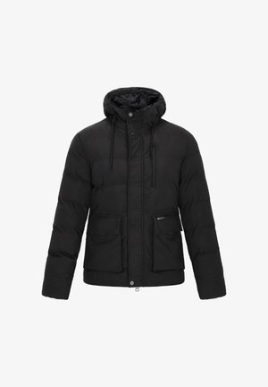 Zwarte gewatteerde jas met capuchon, voorzien van een rits- en drukknopsluiting, twee zakken aan de voorkant en een doorgestikt ontwerp. Gladde textuur.