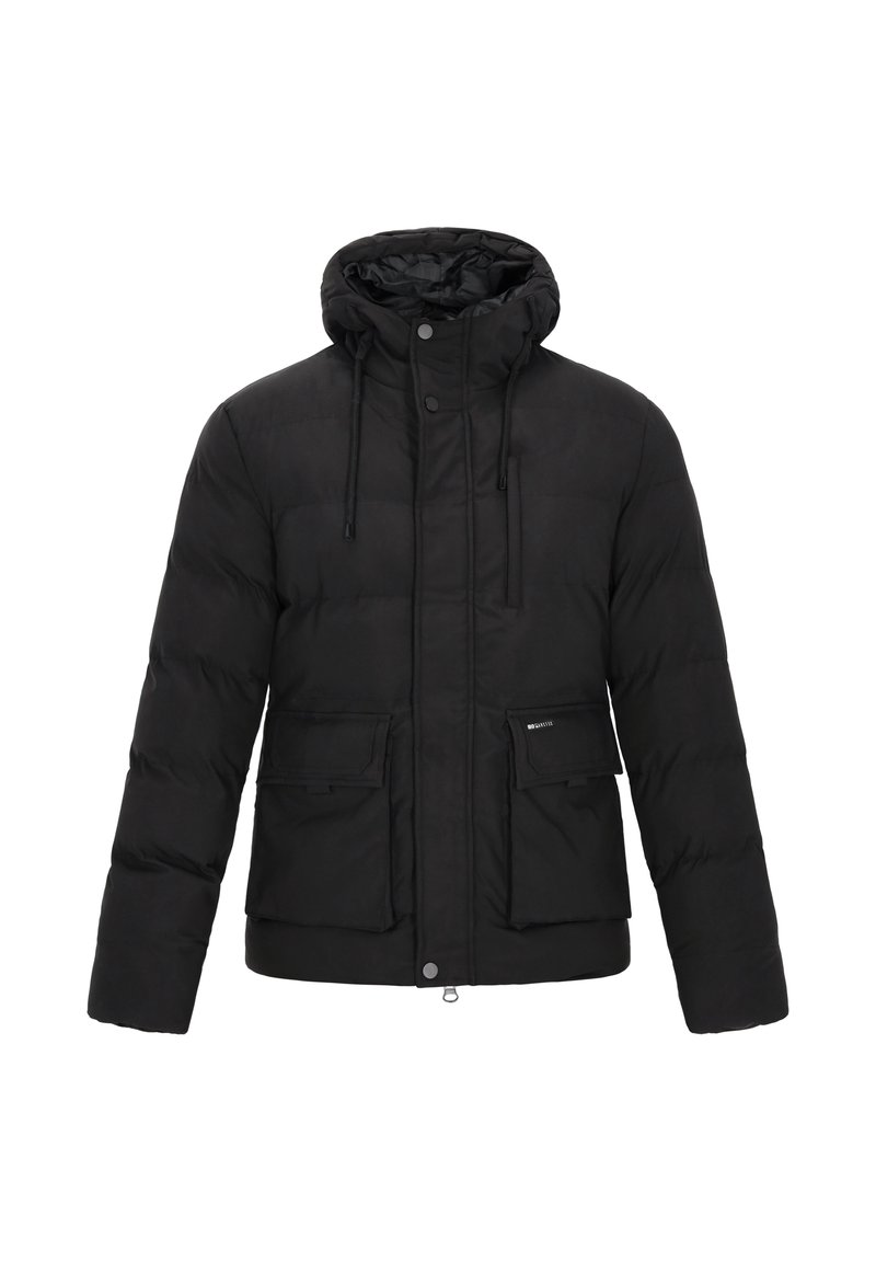 Czarna puchowa kurtka z kapturem, zapinana na zamek błyskawiczny i zatrzaski, z dwoma przednimi kieszeniami i pikowanym wzorem. Gładka faktura.