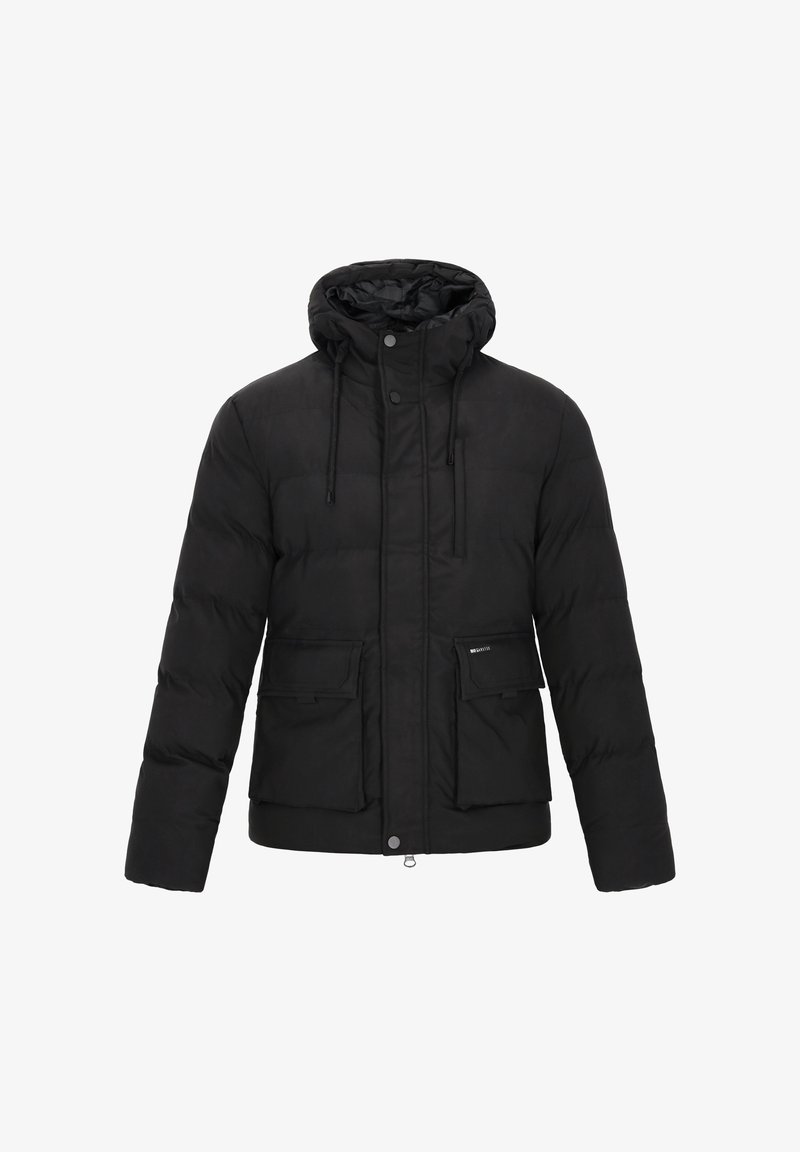 Czarna puchowa kurtka z kapturem, zapinana na zamek błyskawiczny i zatrzaski, z dwoma przednimi kieszeniami i pikowanym wzorem. Gładka faktura.