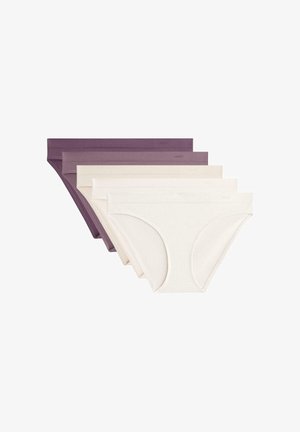 Set de cinci chiloți din bumbac în culori diferite: mov închis, crem deschis și bej, cu un design simplu, neted, cu talie fără cusături.