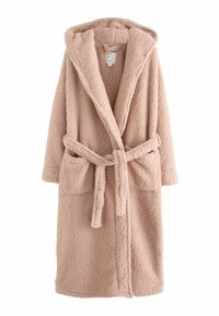 Pink fleece bathrobe with a hood, long sleeves, tie belt, and two front pockets. Soft, textured material with a fluffy appearance.