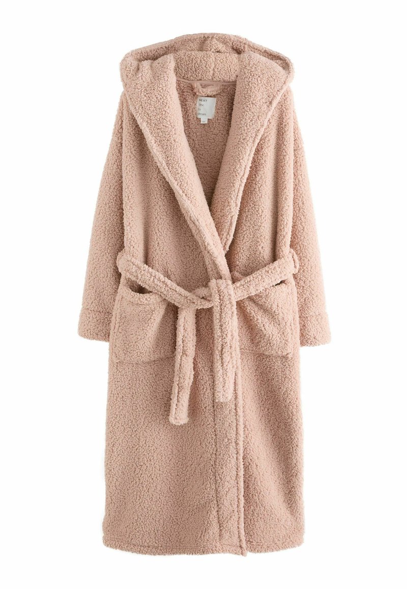 Pink fleece bathrobe with a hood, long sleeves, tie belt, and two front pockets. Soft, textured material with a fluffy appearance.