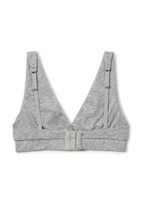 Bralette grigia a triangolo con spalline regolabili, fascia larga e chiusura con gancio. Realizzato in morbido tessuto testurizzato.