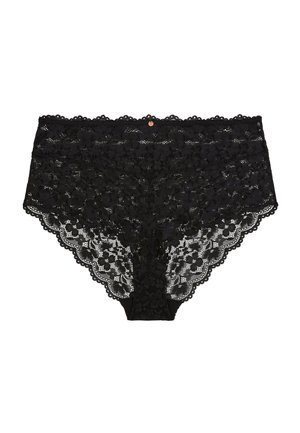 Culotte hipster pour femme en dentelle noire avec motif floral et bords festonnés, ornée d'un petit charm métal rond sur la ceinture.
