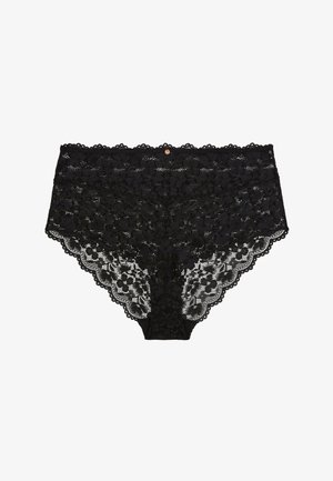 Culotte hipster pour femme en dentelle noire avec motif floral et bords festonnés, ornée d'un petit charm métal rond sur la ceinture.