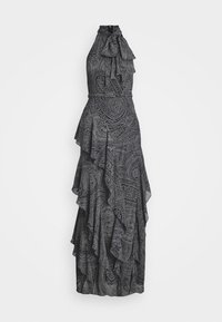 Maxi suknelė juodos ir baltos paisley rašto, su kaklo raišteliu ir volanų sluoksniais, pagaminta iš lengvos medžiagos.