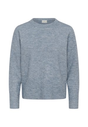 Light blue sweater made from soft fabric. Features a round neckline and long sleeves with ribbed cuffs and hem. Simple, textured design.