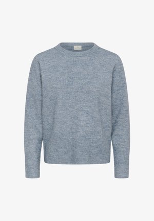 Maglione azzurro chiaro realizzato in morbido tessuto. Presenta un collo rotondo e maniche lunghe con polsini e orlo a costine. Design semplice e testurizzato.