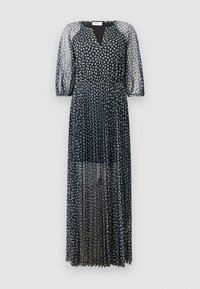Svart maxikjole med foldninger, gjennomsiktige puffermer, V-hals og et blomstermønster i hvite og sølvfargede detaljer i hele stoffet.