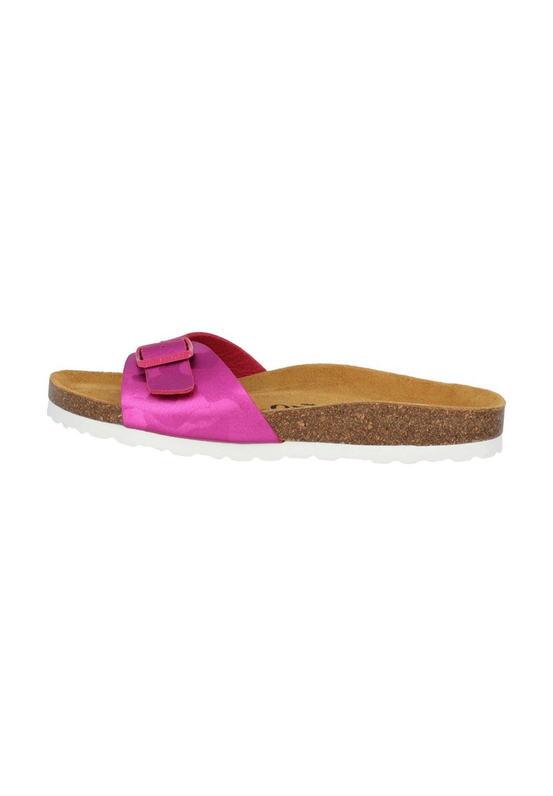 Rosa slide sandal med en glänsande finish, utrustad med en spänneaccent och en korkfotbädd. Sula är vit med ett strukturerat greppmönster.