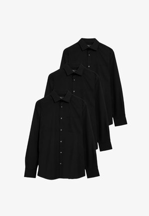 Three black long-sleeve shirts with collar, button placket, and a chest pocket. Fabric appears smooth with a consistent texture and finish.
