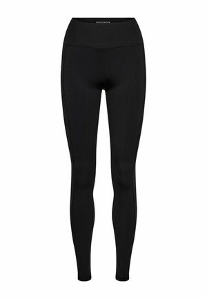 Leggings noirs taille haute, longueurs intégrales avec coutures visibles et un design lisse et ajusté.