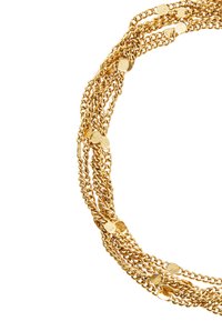 Collar múltiple de oro hecho de cadenas de metal entrelazadas con acentos circulares planos, que presenta un acabado liso y texturizado.